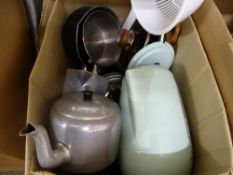 Box of stainless steel cookware etc
