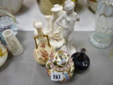 Two parian style figures, painted porcelain jar and cover and two small bud vases