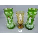 Pair of green Mary Gregory style vases and a similarly decorated amber goblet