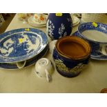 Burslem 'Auld Lang Syne' cup and saucer set, other blue and white china, Doulton Lambeth pot etc