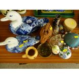 Two ornamental blue and white porcelain ducks and other decorative china and cloisonne items etc