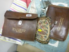 Two Masonic leather pouches, two regalia aprons, small needlework bag etc