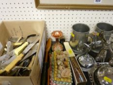 Box of loose cutlery, two pewter tankards, Shell covered box etc