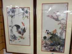 Pair of Oriental framed prints showing farmyard birds amongst blossom and foliage