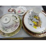 Quantity of decorative wall plates, Worcester teacup and saucer, Crown Derby tea strainer etc