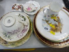 Quantity of decorative wall plates, Worcester teacup and saucer, Crown Derby tea strainer etc