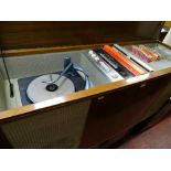 Mid Century Bush SRG106 radiogram with internal Monarch turntable, quantity of LP and 45rpm