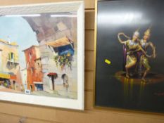Framed print - Continental village and a painted study of Siamese dancers