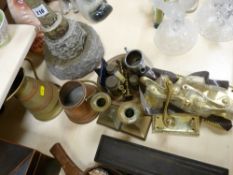 Carved stone lighthouse and a mixed selection of vintage metalware