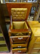 Vintage mahogany needlework cabinet with interior satin lining on barley twist supports