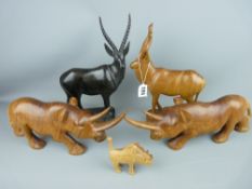 Five African carved hardwood animals