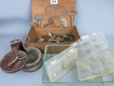 Box of vintage clock and other keys, a vintage treen grease box and a quantity of spectacle repair