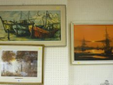 J AMIOT mid Century print - moored boats, a framed print of a stag in sunlit woodland and an
