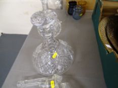 Ship's decanter, another decanter with labels and other items of glassware
