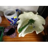 Carltonware leaf salad bowl and servers, slag glass jug and a German stein