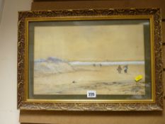 K DEAKIN gilt framed watercolour study - cocklepickers on a beach, signed and dated 1889