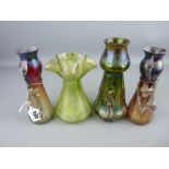 Four pieces of Loetz style iridescent glass