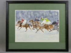 JANE MOULES-JONES watercolour - horseracing study, titled label verso 'Racing on Ice, St Moritz on
