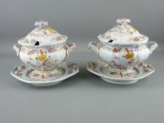 A PAIR OF MASONS IRONSTONE SAUCE TUREENS, COVERS & STANDS having floral knops and decoration, Masons