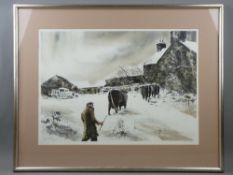 KEITH ANDREW artist's proof (14/15) coloured print - farmstead with farmer and cattle in the snow,