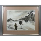 KEITH ANDREW artist's proof (14/15) coloured print - farmstead with farmer and cattle in the snow,
