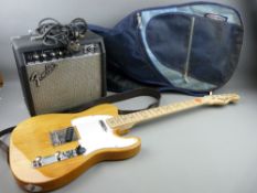 A TELECASTER SIX STRING ELECTRIC GUITAR in a Ritter canvas case and with a Fender Frontman 15G