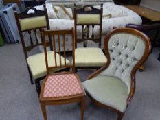 A MODERN BUTTON UPHOLSTERED SPOONBACK SIDE CHAIR, two tall back side chairs with carved back rail