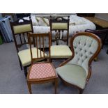 A MODERN BUTTON UPHOLSTERED SPOONBACK SIDE CHAIR, two tall back side chairs with carved back rail