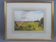 SIDNEY GOODWIN watercolour - open scrubland before water, named to mount, unsigned, 17 x 24 cms