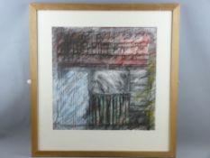 SARAH BETTS mixed media - abstract titled 'Thornford Shed', signed and dated '99, 48 x 48 cms