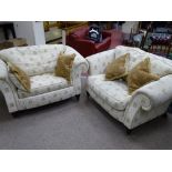 AN EXCELLENT MODERN UPHOLSTERED PAIR OF OVERSIZED ARMCHAIRS, classical scroll arm design, on