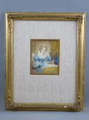 WATERCOLOUR - portrait on Whatman paper of a young woman in a blue dress with writing quill in hand,