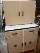 A CIRCA 1950's KITCHEN CABINET with enamel top and vented cupboard doors, 150 x 84 cms