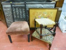 AN EBONIZED BOBBIN CHAIR, two footstools and a needlework firescreen, various measurements