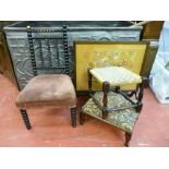 AN EBONIZED BOBBIN CHAIR, two footstools and a needlework firescreen, various measurements