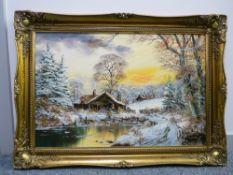 JOHN CORCORAN oil on canvas - riverside cabins in snow with sunset, signed, 50 x 75 cms
