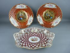 A DRESDEN PORCELAIN RETICULATED DISH and two pierced edge wall plates, hand painted floral and
