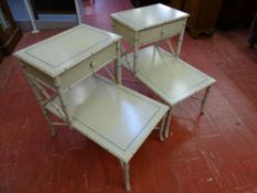 A PAIR OF VINTAGE STYLE PAINTED BAMBOO EFFECT BEDSIDE TABLES, 68 cms high, 68.5 cms long, 47.5 cms