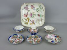 AN EARLY 19th CENTURY CHINESE PORCELAIN SQUARE DISH and three later Japanese teacups and saucers,