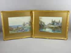 JOSEPH HUGHES CLAYTON watercolours, a pair - waterside scenes with cottages, people and boats,