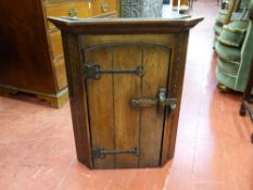 A NEAT REPRODUCTION RUSTIC OAK WALL HANGING CUPBOARD, 61 cms high, 50 cms wide