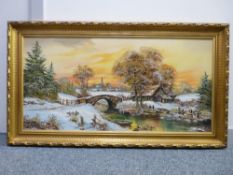 JOHN CORCORAN oil on canvas - river and village scene in winter, signed, 48.5 x 100 cms