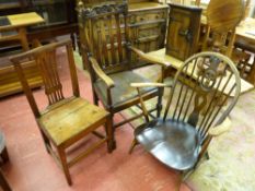 AN ERCOL STICKBACK ARMCHAIR, a vintage oak armchair and an antique oak farmhouse chair