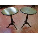 A PAIR OF REPRODUCTION OAK TRIPOD WINE TABLES, 45 cms diameter, 64.5 cms high (Care! - loose top