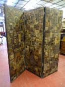 A SCRAP DECORATED THREE FOLD VICTORIAN DRESSING SCREEN having 'V R' crowns and 'Hammond, Oxford