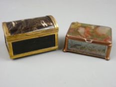TWO VINTAGE AGATE BOXES, one in domed casket form, 5.5 and 6 cms long