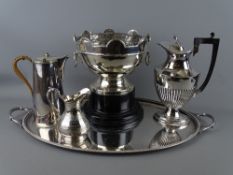 A PEDESTAL ROSE BOWL marked 'Silver', a plated two handled serving tray and three further items of