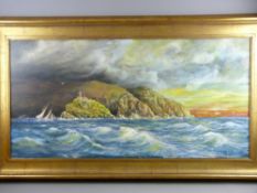 JOHN LES PRITCHARD oil on canvas - rough seas with lighthouse and passing yacht, signed, 60 x 120