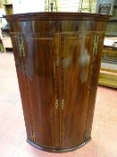 A GEORGIAN MAHOGANY BOW FRONT HANGING WALL CUPBOARD, 117 cms high, 70 cms wide