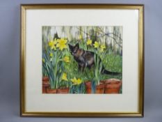 L FOTHERBY watercolour - titled 'Cat Among the Daffodils' to Richard Hagen Gallery label verso,